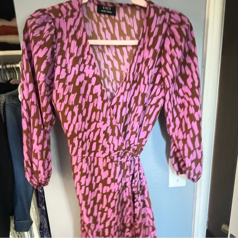 Vici Pink and brown Wrap Dress with 3/4 Puff Sleeves,